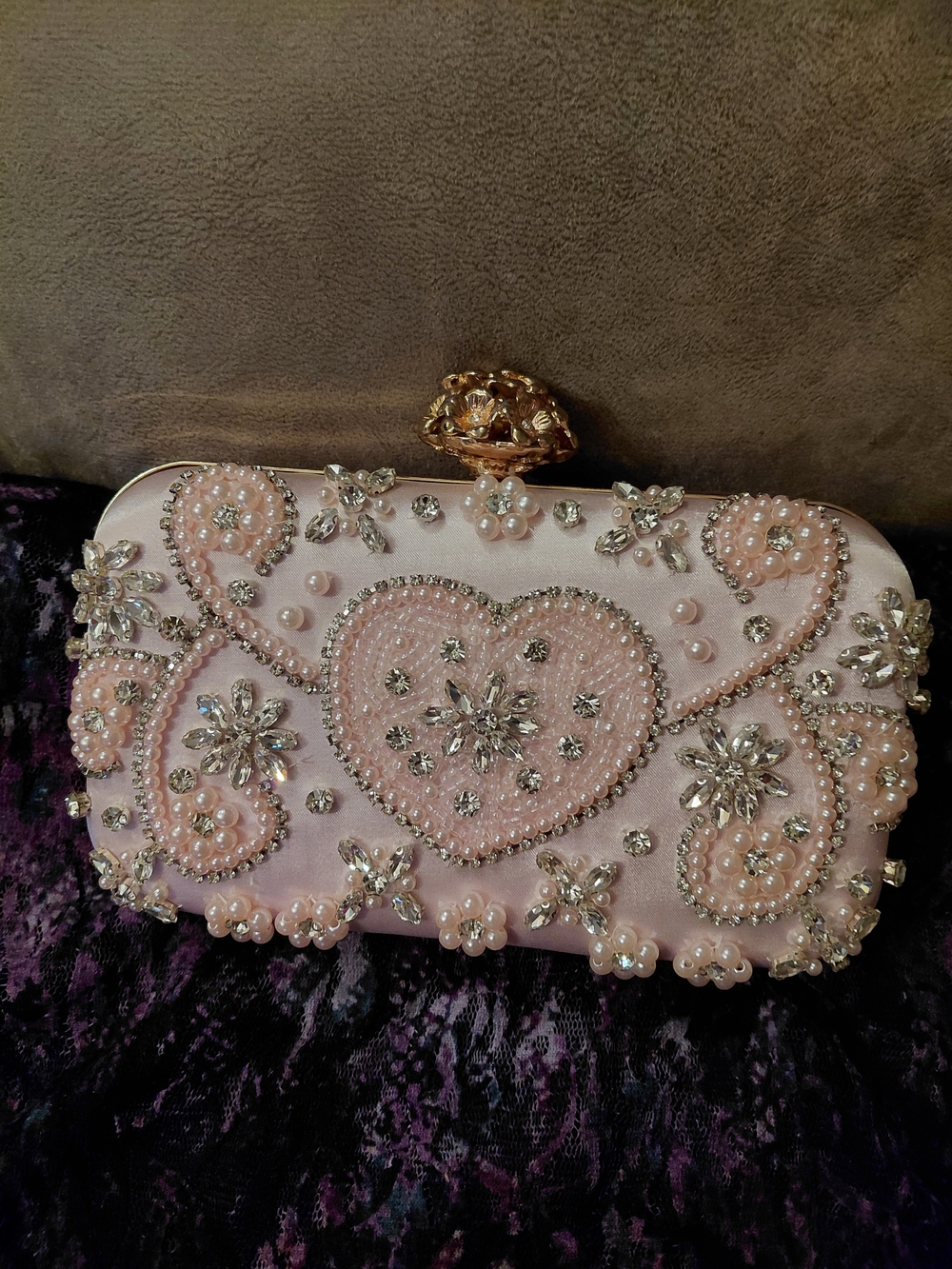 Embellished Pink Pearl Heart Evening Clutch